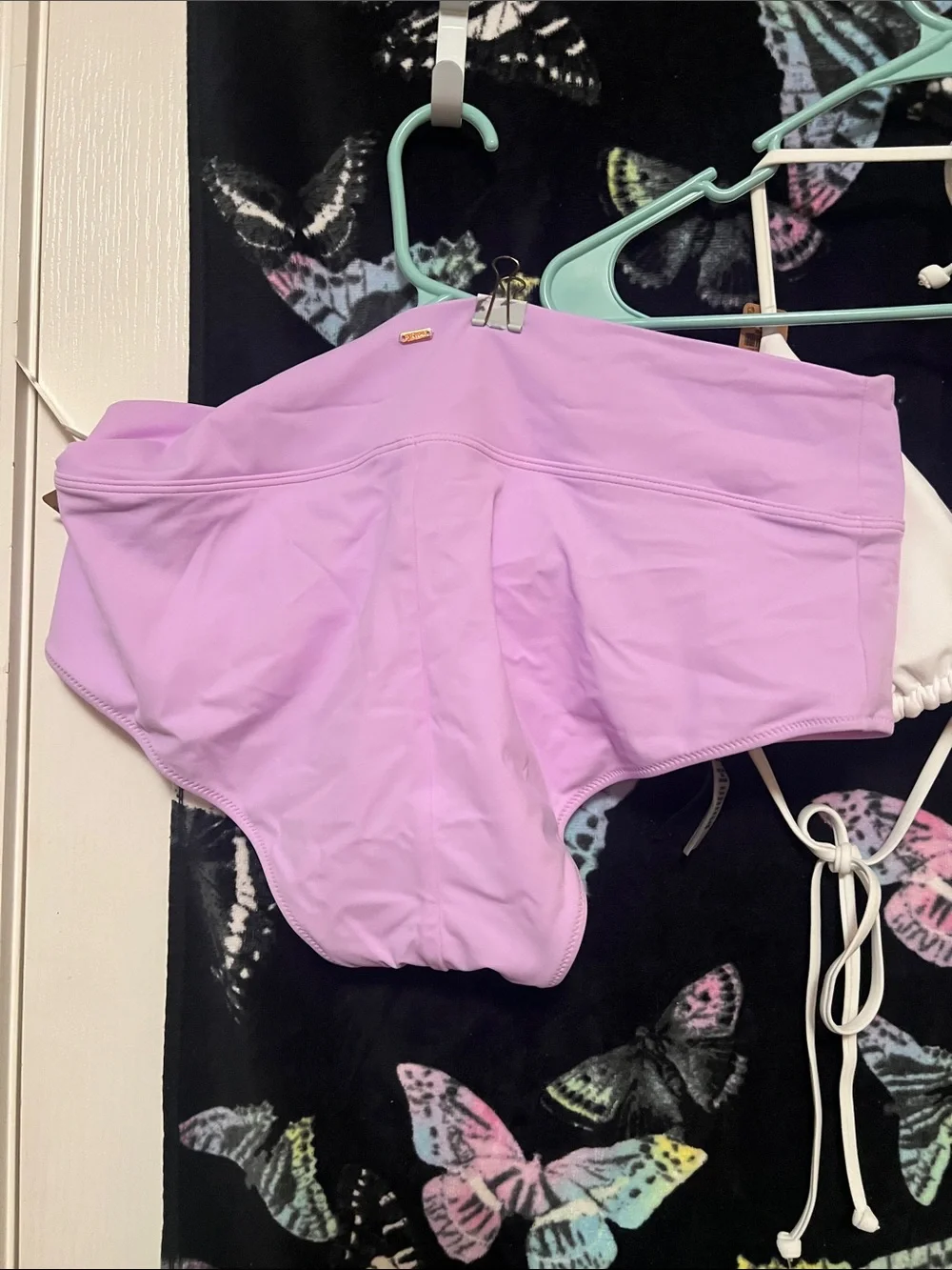 PINK vs lavender bikini with pastel butterfly towel